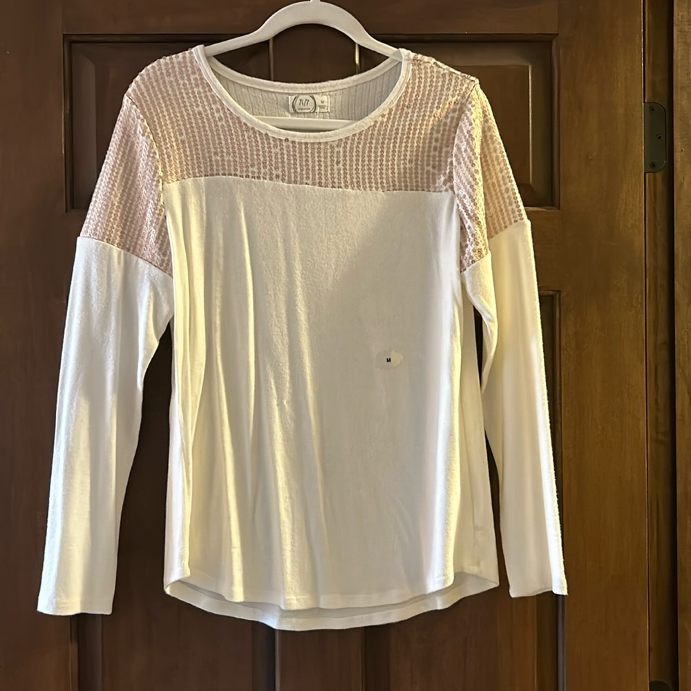 24/7 White Long Sleeve with rose gold sequins